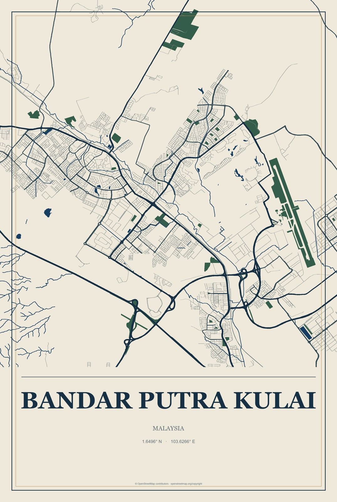 Bandar Putra Kulai, Malaysia City Map Aluminum Sign in Coastal Cutout style