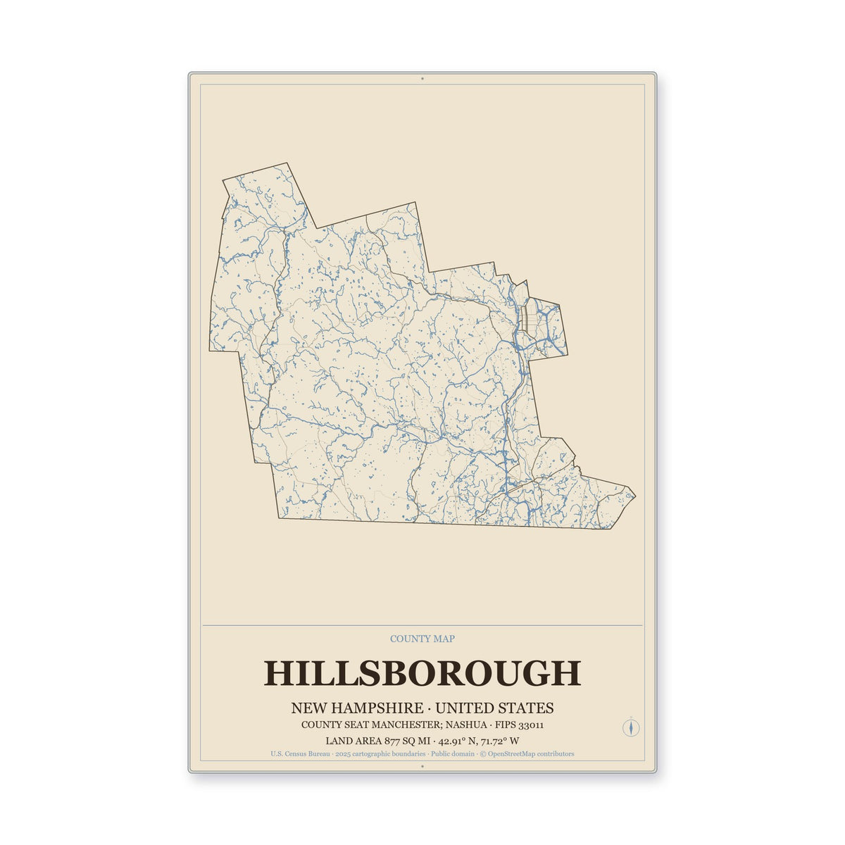 Hillsborough County, New Hampshire Map Aluminum Sign in Heritage Nautical style