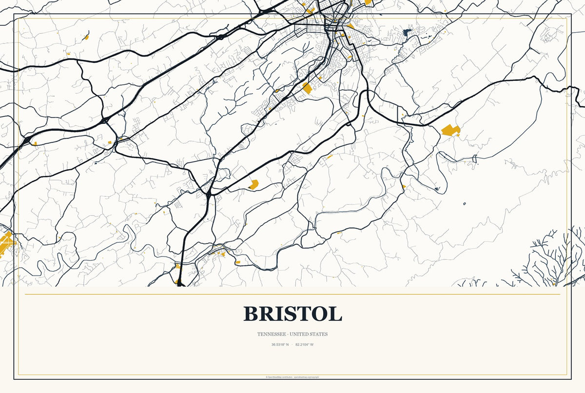 Bristol, Tennessee City Map Aluminum Sign in Citrine Modern style