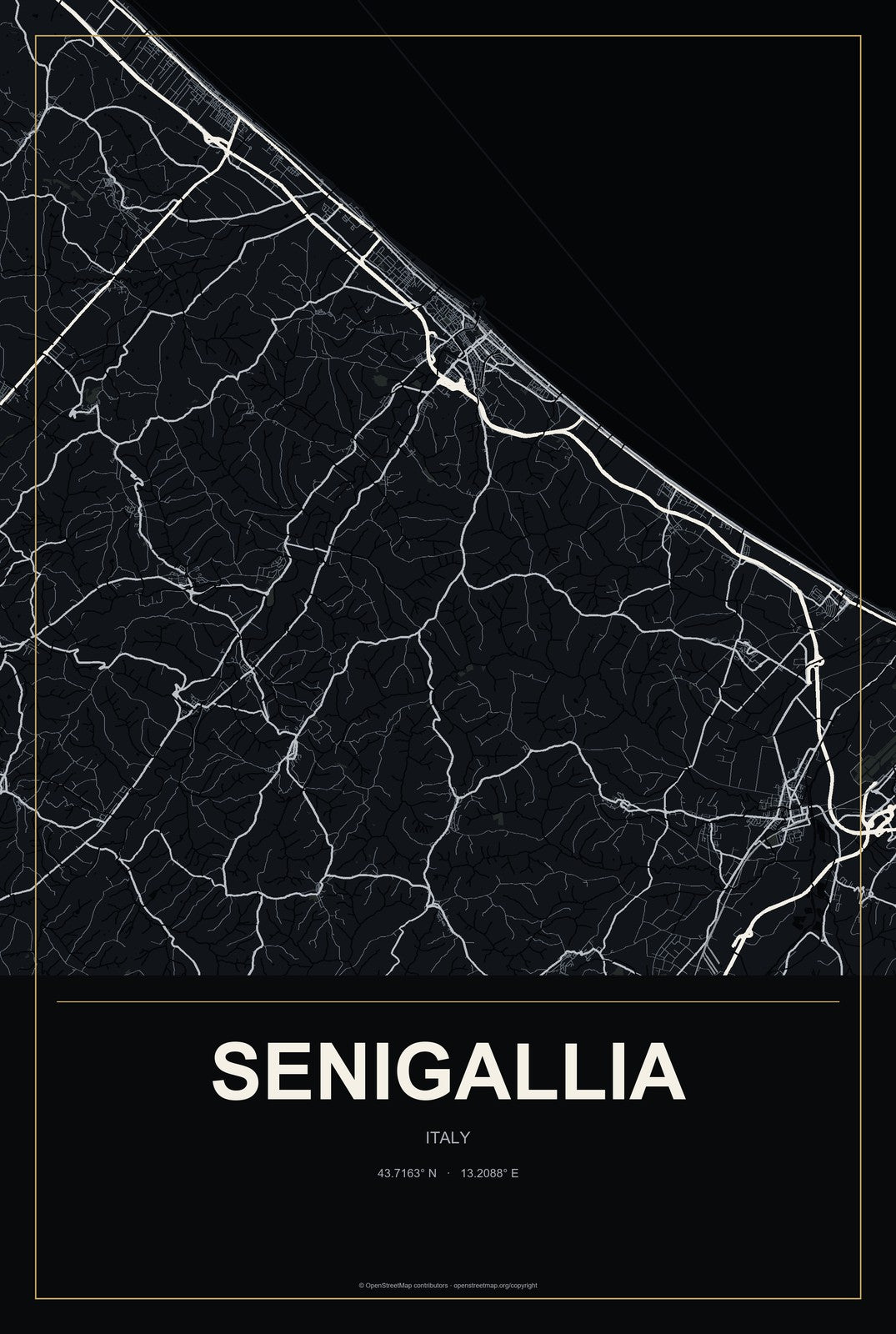 Senigallia, Italy City Map Aluminum Sign in Metropolitan Noir style