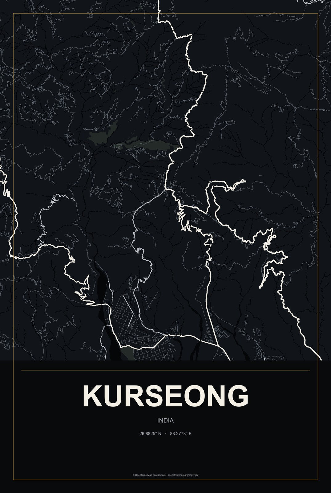 Kurseong, India City Map Aluminum Sign in Metropolitan Noir style