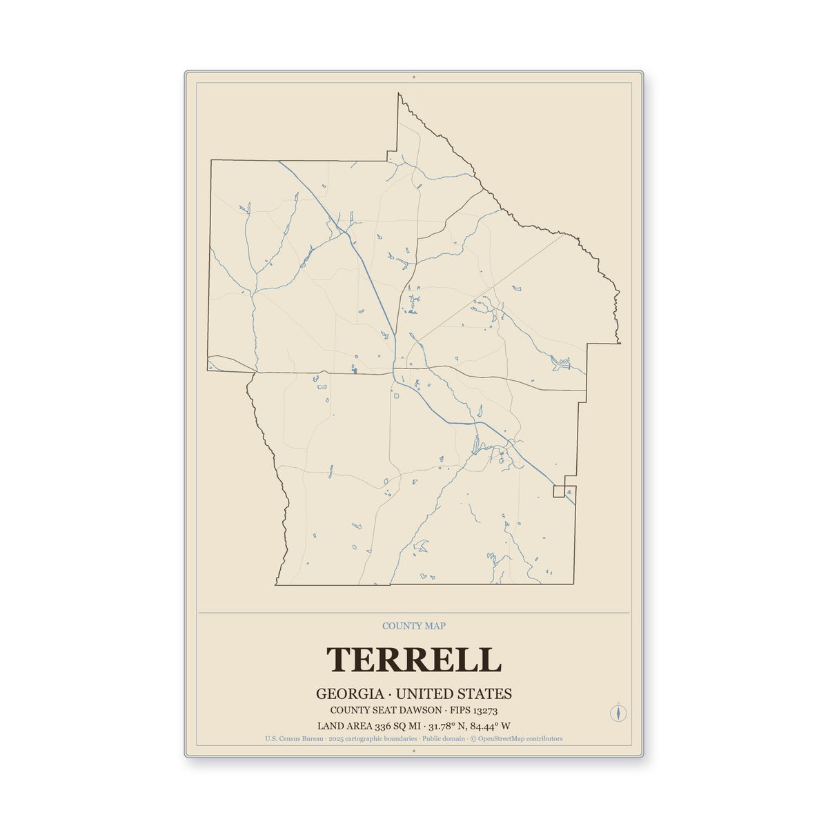 Terrell County, Georgia Map Aluminum Sign in Heritage Nautical style