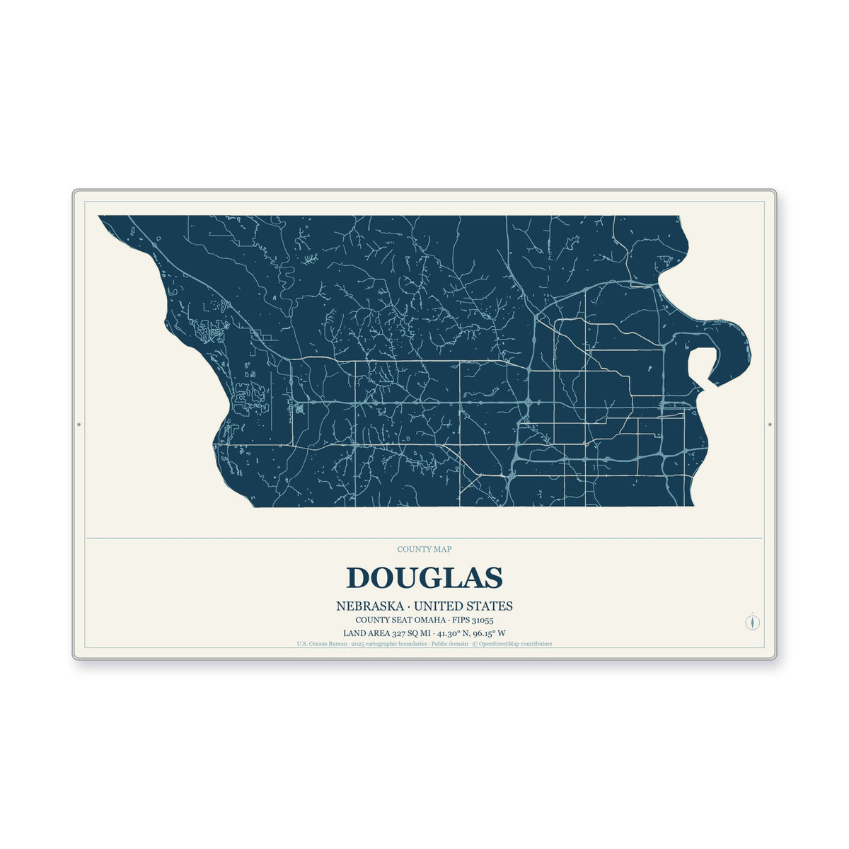 Douglas County, Nebraska Map Aluminum Sign in Coastal Cutout style