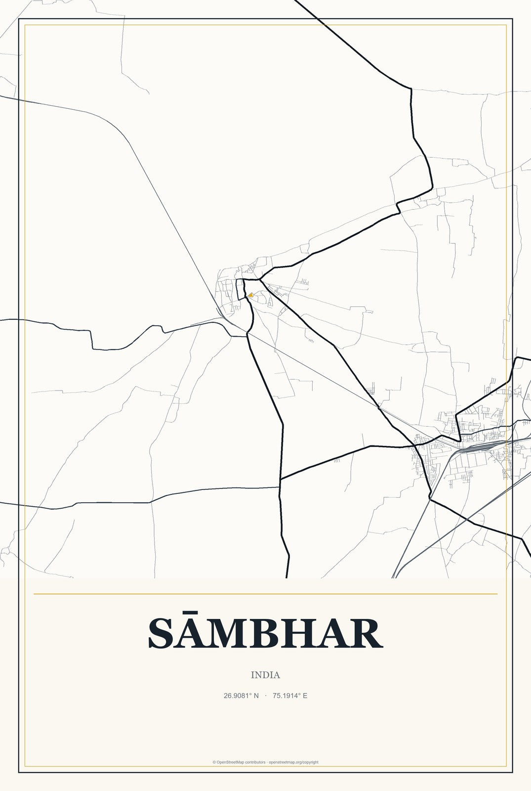 Sāmbhar, India City Map Aluminum Sign in Citrine Modern style