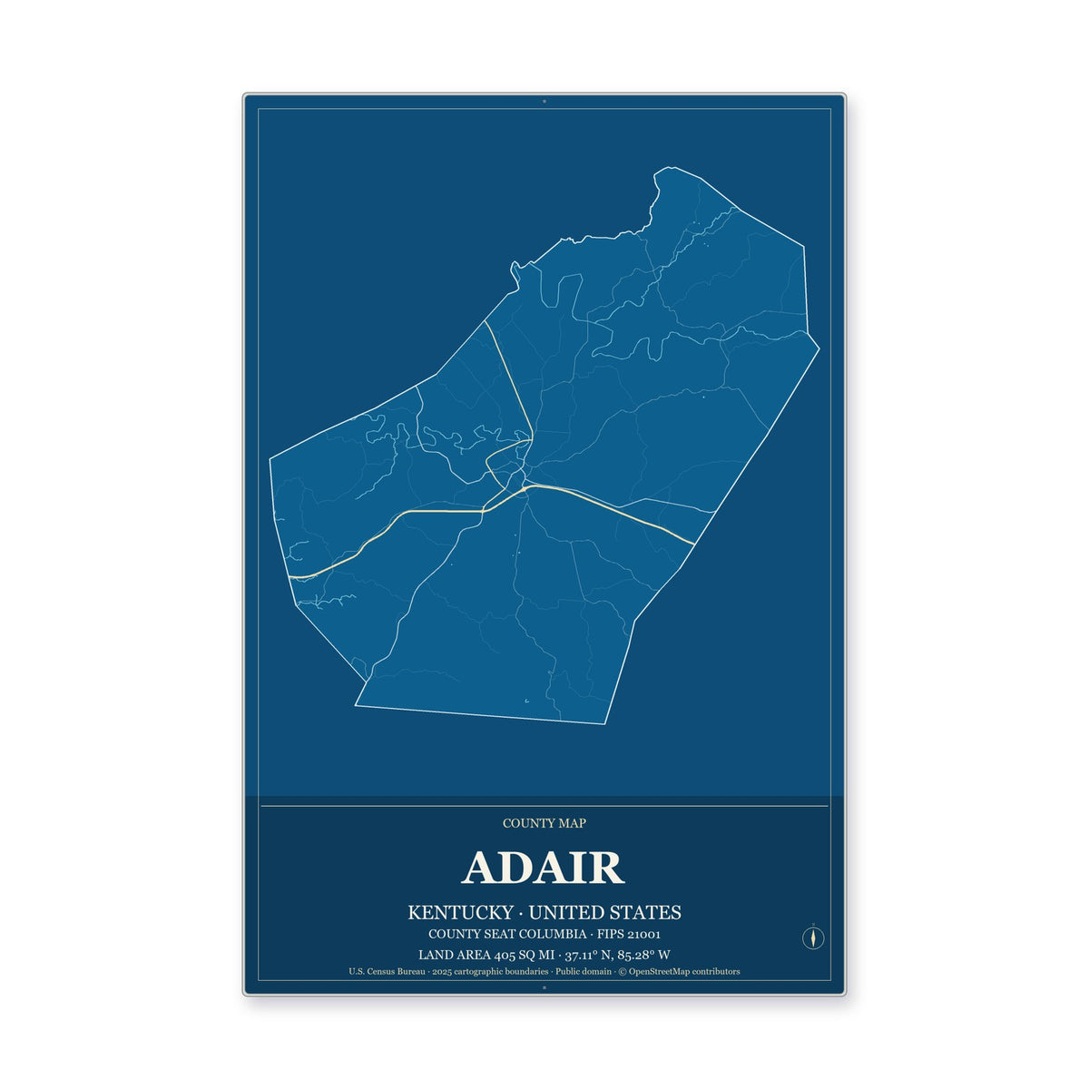 Adair County, Kentucky Map Aluminum Sign in Harbor Cobalt style