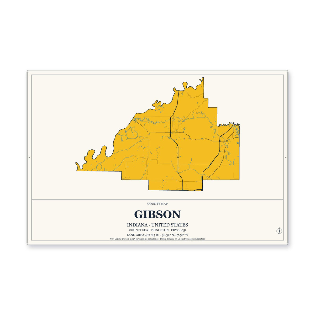 Gibson County, Indiana Map Aluminum Sign in Citrine Modern style