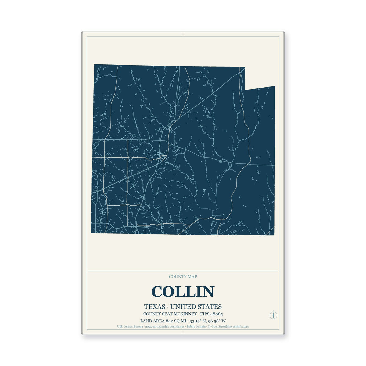Collin County, Texas Map Aluminum Sign in Coastal Cutout style