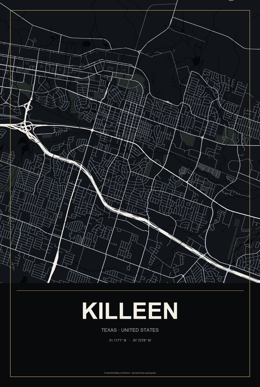 Killeen, Texas City Map Aluminum Sign in Metropolitan Noir style