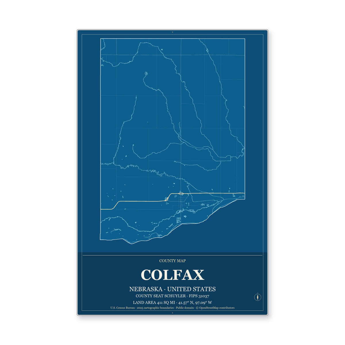 Colfax County, Nebraska Map Aluminum Sign in Harbor Cobalt style