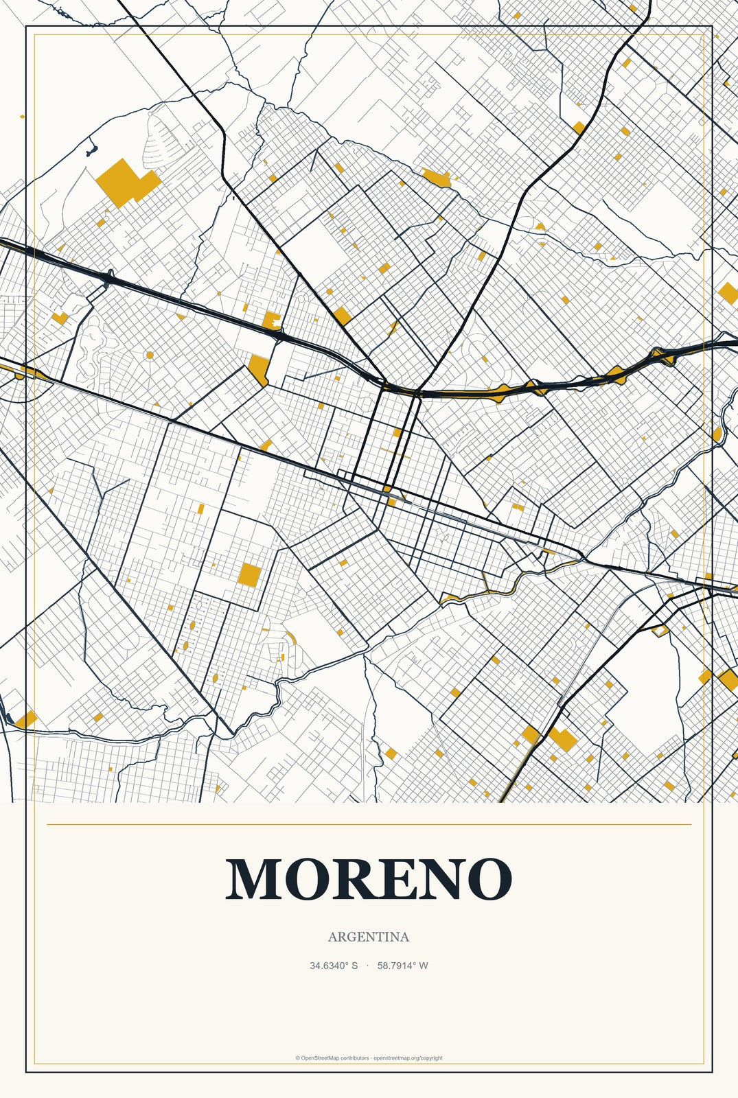 Moreno, Argentina City Map Aluminum Sign in Citrine Modern style