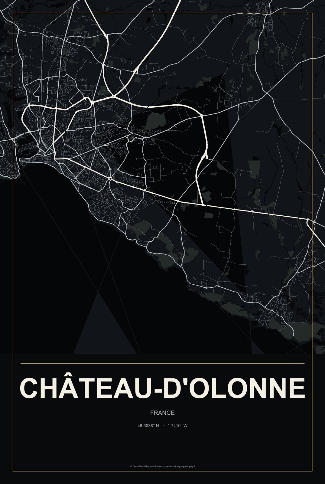 Château-d'Olonne, France City Map Aluminum Sign in Metropolitan Noir style