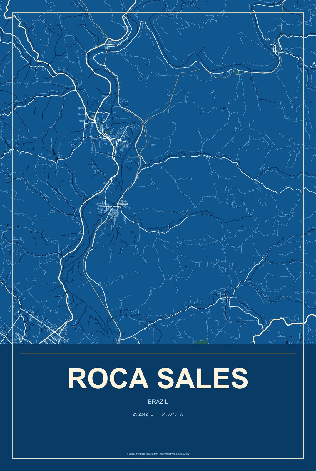 Roca Sales, Brazil City Map Aluminum Sign in Harbor Cobalt style
