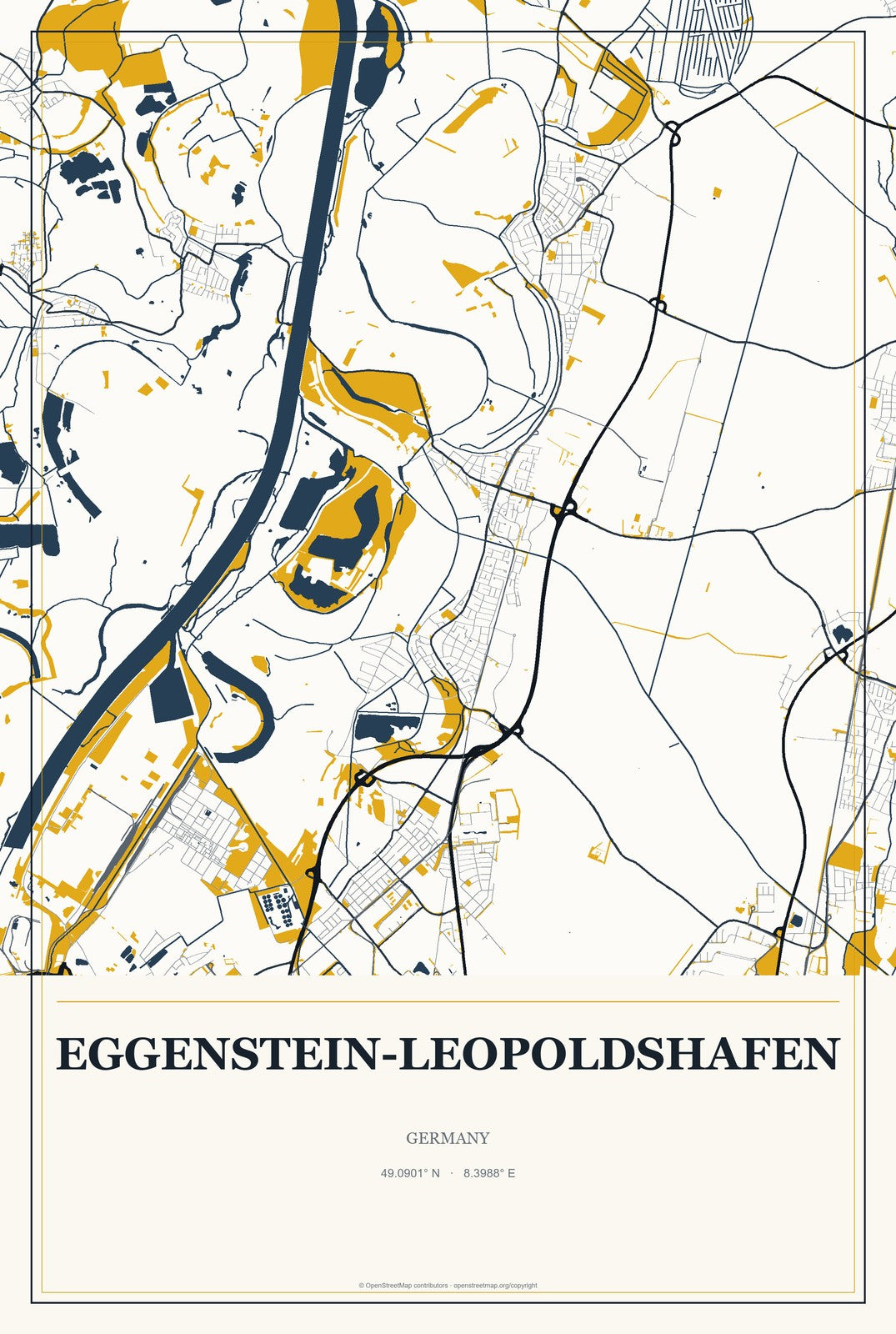 Eggenstein-Leopoldshafen, Germany City Map Aluminum Sign in Citrine Modern style