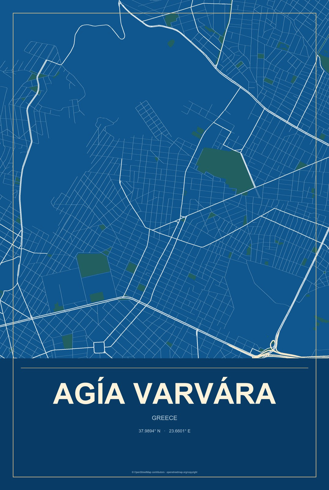 Agía Varvára, Greece City Map Aluminum Sign in Harbor Cobalt style