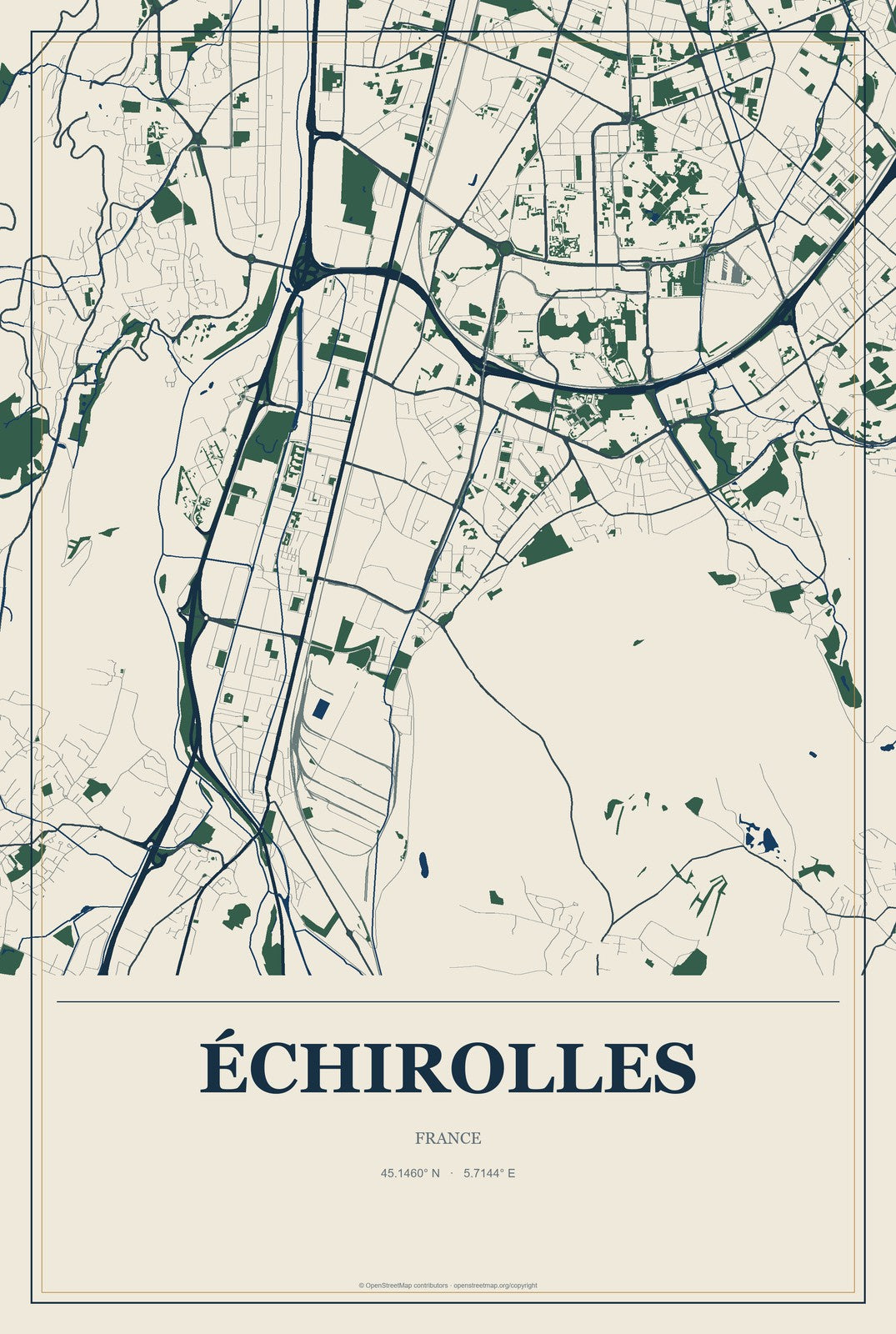 Échirolles, France City Map Aluminum Sign in Coastal Cutout style