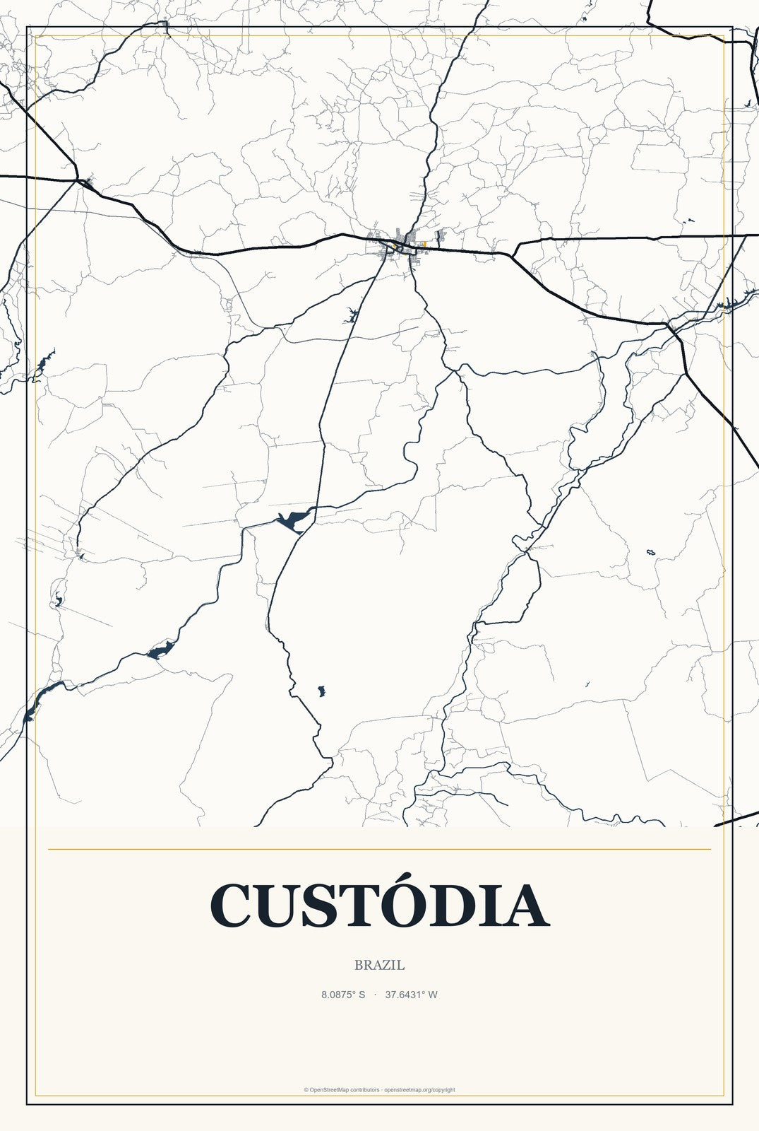 Custódia, Brazil City Map Aluminum Sign in Citrine Modern style