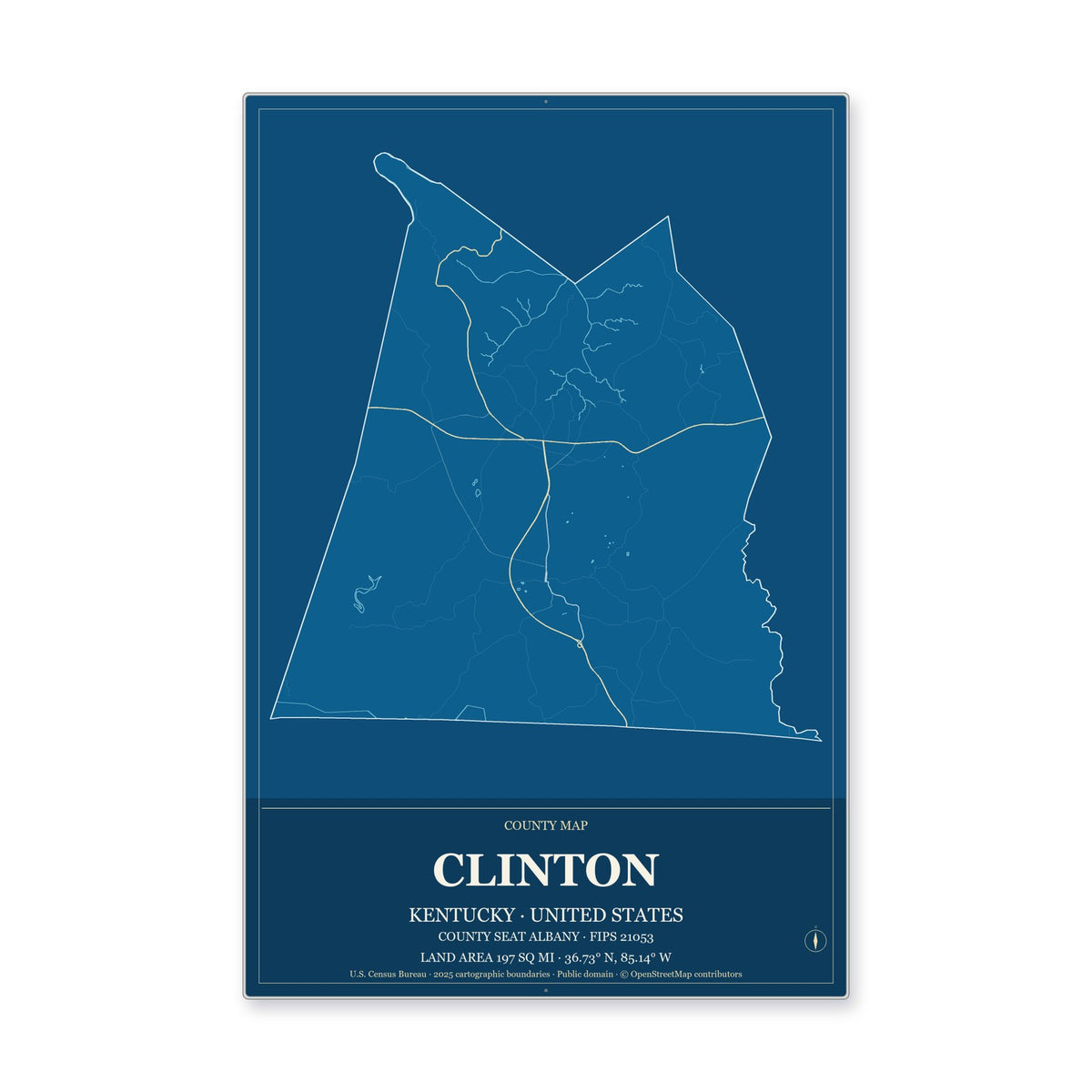 Clinton County, Kentucky Map Aluminum Sign in Harbor Cobalt style