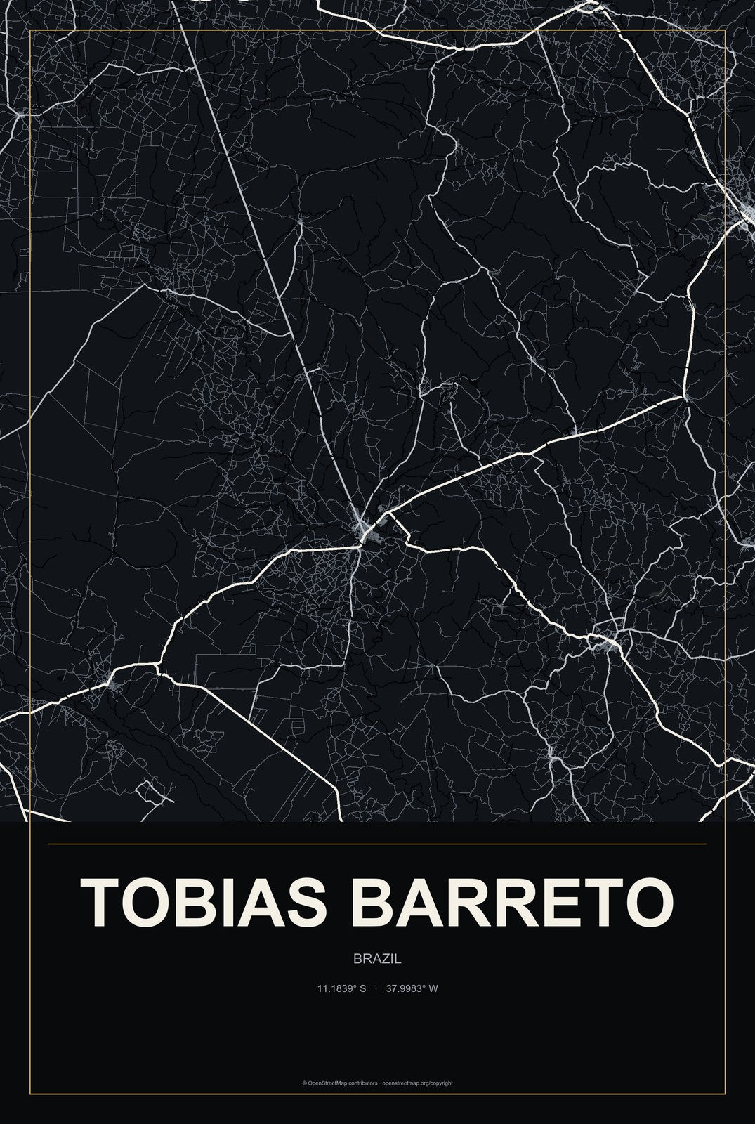 Tobias Barreto, Brazil City Map Aluminum Sign in Metropolitan Noir style