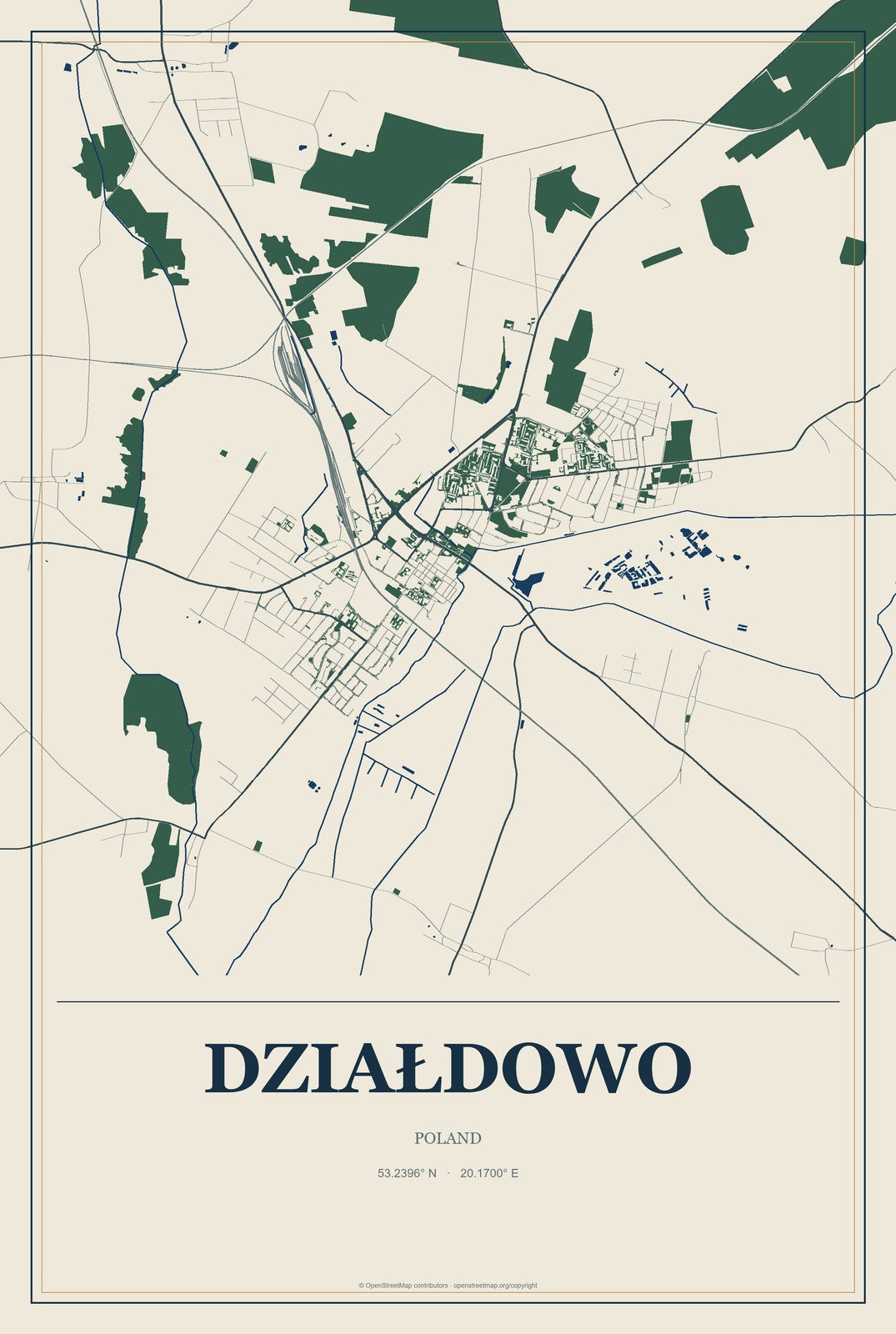 Działdowo, Poland City Map Aluminum Sign in Coastal Cutout style