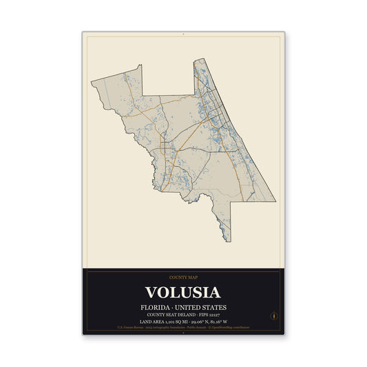 Volusia County, Florida Map Aluminum Sign in Museum Plaque style