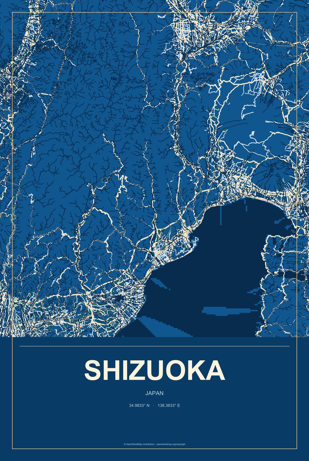 Shizuoka, Japan City Map Aluminum Sign in Harbor Cobalt style