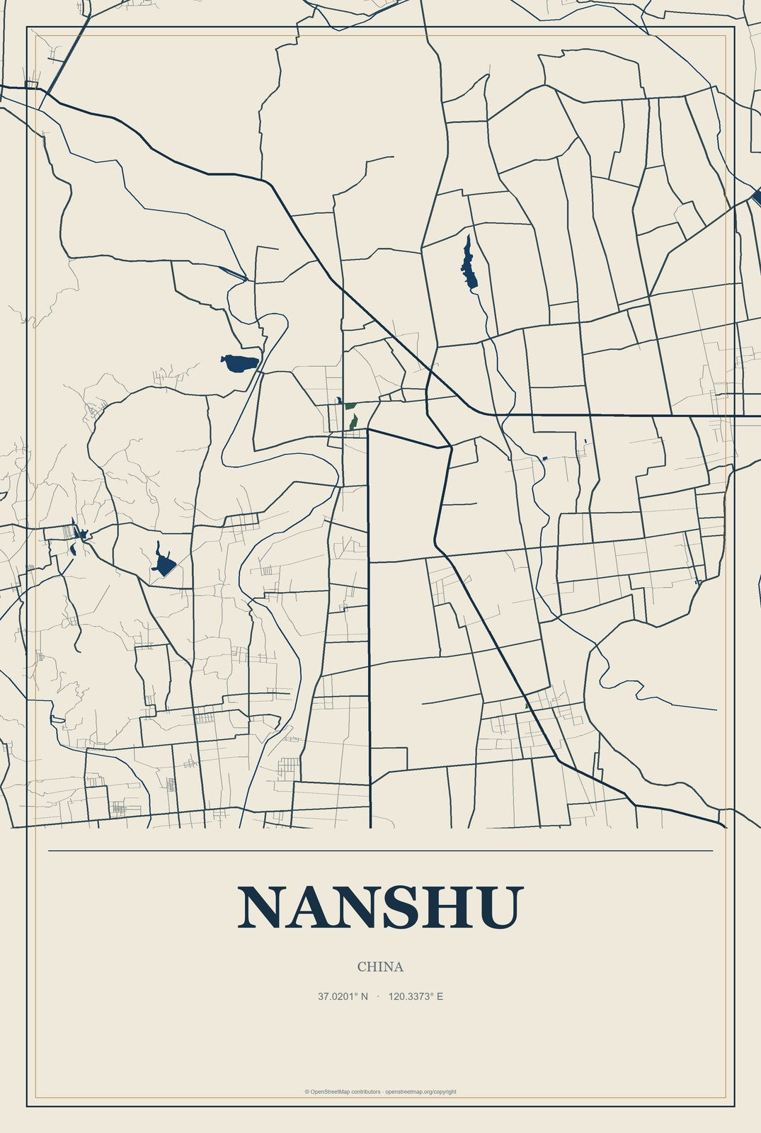 Nanshu, China City Map Aluminum Sign in Coastal Cutout style