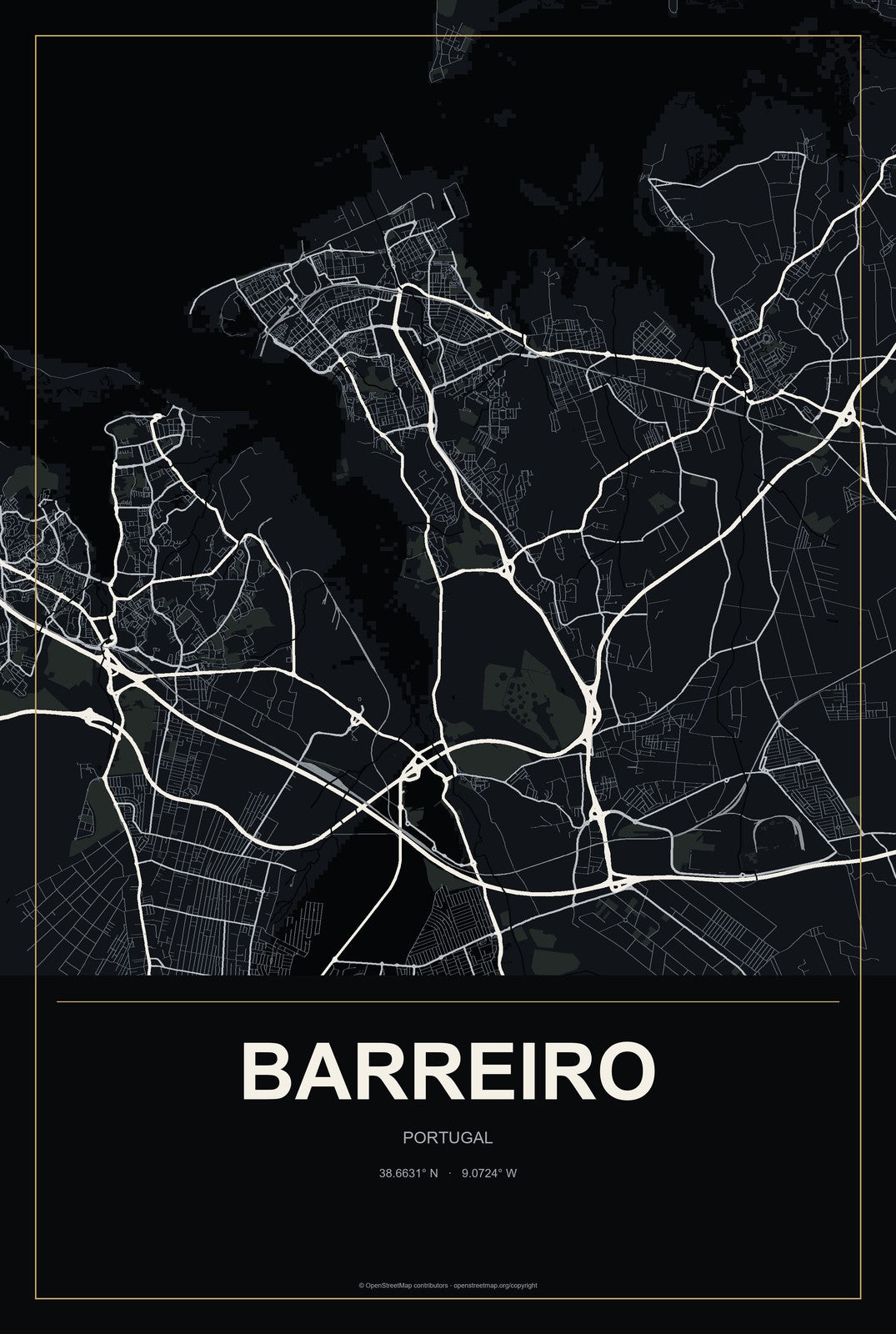 Barreiro, Portugal City Map Aluminum Sign in Metropolitan Noir style