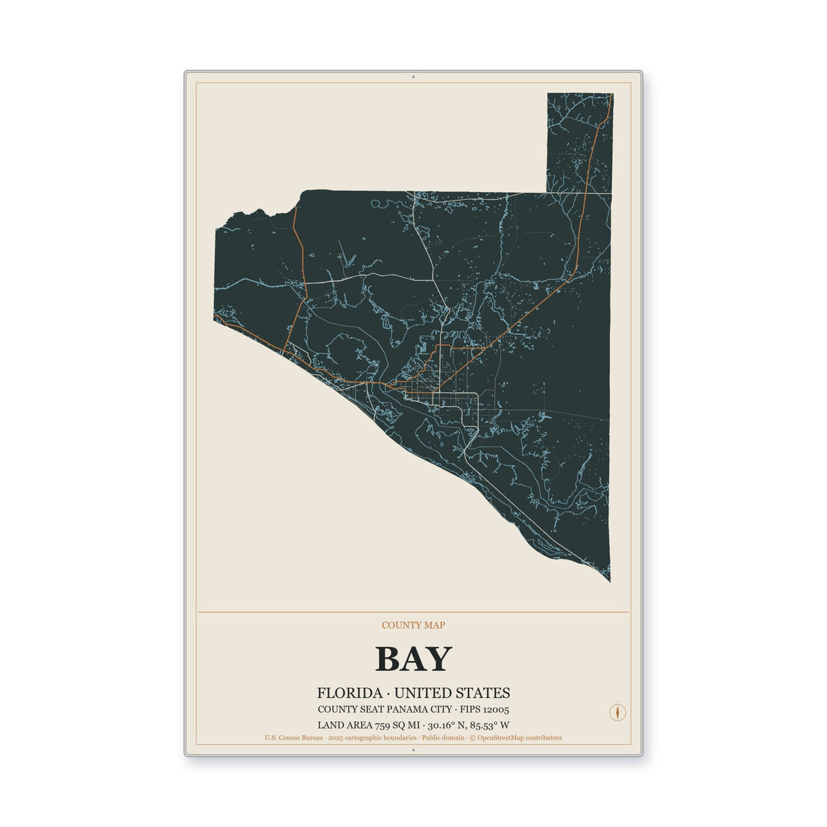 Bay County, Florida Map Aluminum Sign in Headline Atlas style