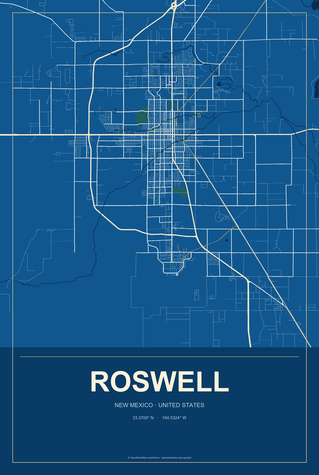 Roswell, New Mexico City Map Aluminum Sign in Harbor Cobalt style