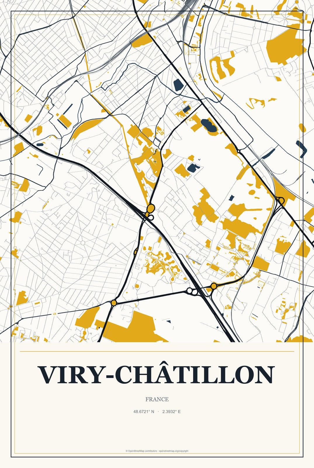 Viry-Châtillon, France City Map Aluminum Sign in Citrine Modern style