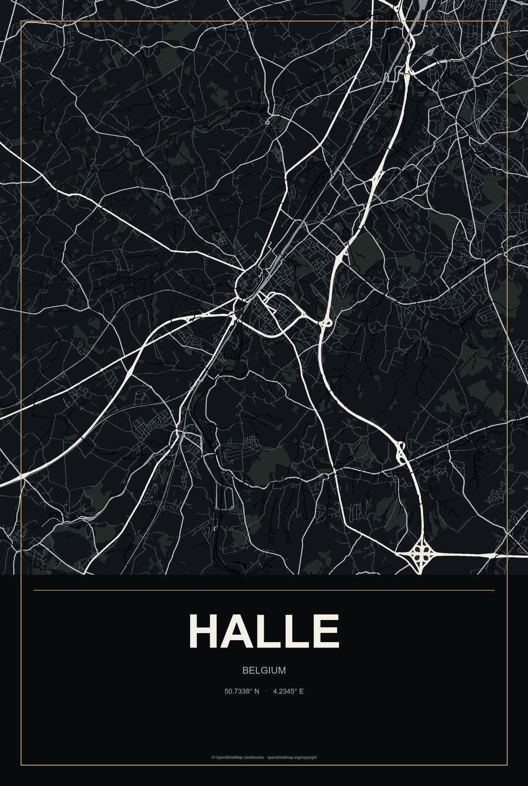 Halle, Belgium City Map Aluminum Sign in Metropolitan Noir style