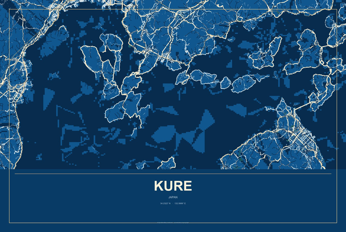 Kure, Japan City Map Aluminum Sign in Harbor Cobalt style