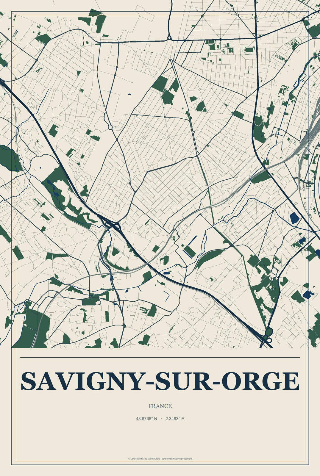 Savigny-sur-Orge, France City Map Aluminum Sign in Coastal Cutout style