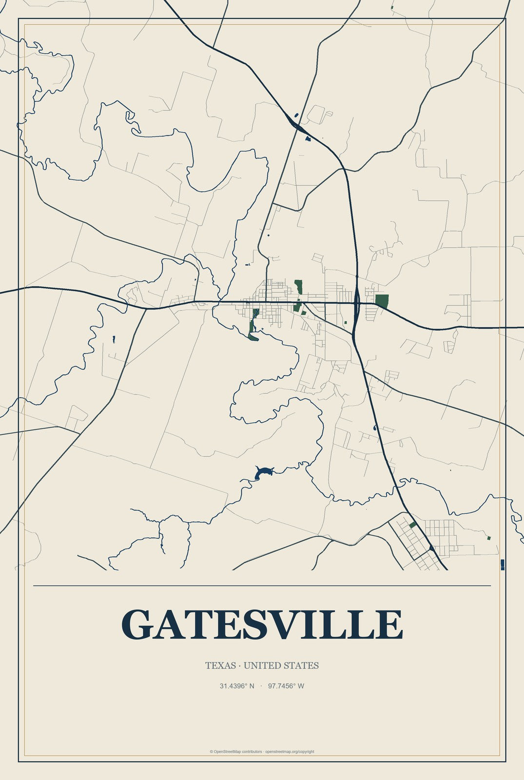 Gatesville, Texas City Map Aluminum Sign in Coastal Cutout style