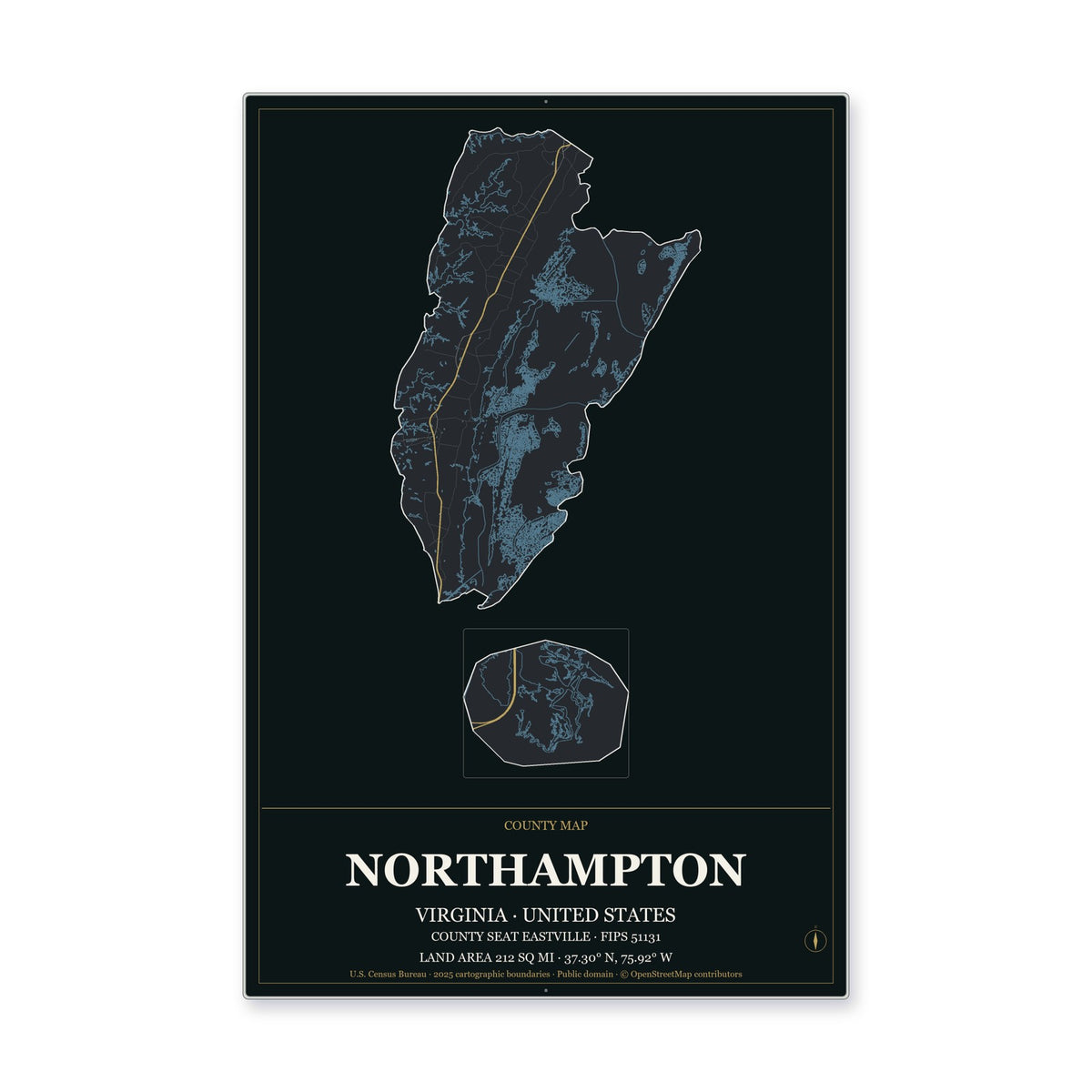 Northampton County, Virginia Map Aluminum Sign in Metropolitan Noir style