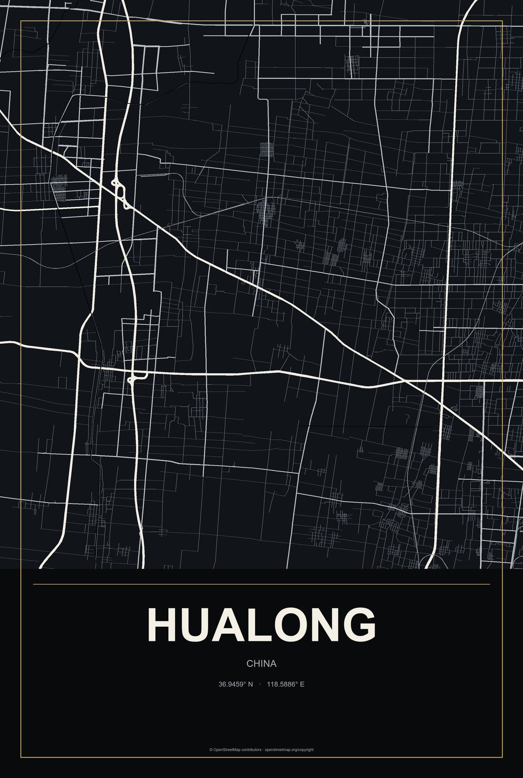 Hualong, China City Map Aluminum Sign in Metropolitan Noir style