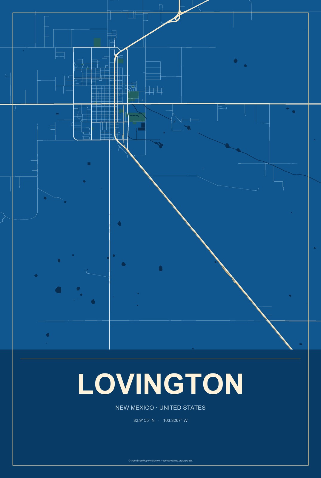 Lovington, New Mexico City Map Aluminum Sign in Harbor Cobalt style