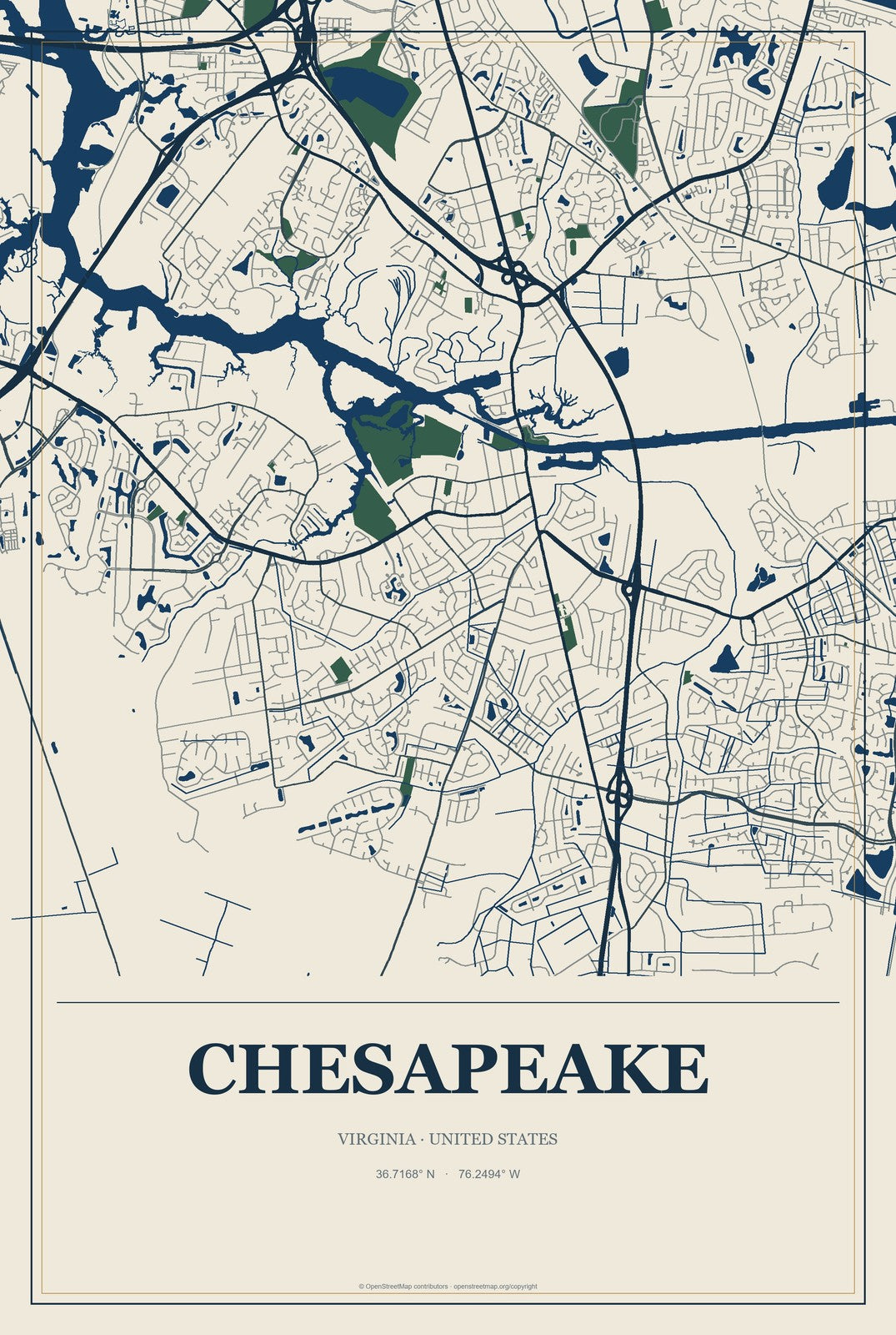 Chesapeake, Virginia City Map Aluminum Sign in Coastal Cutout style
