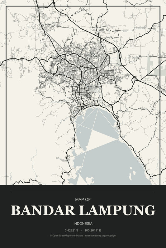 Bandar Lampung, Indonesia City Map Aluminum Sign in Museum Plaque style