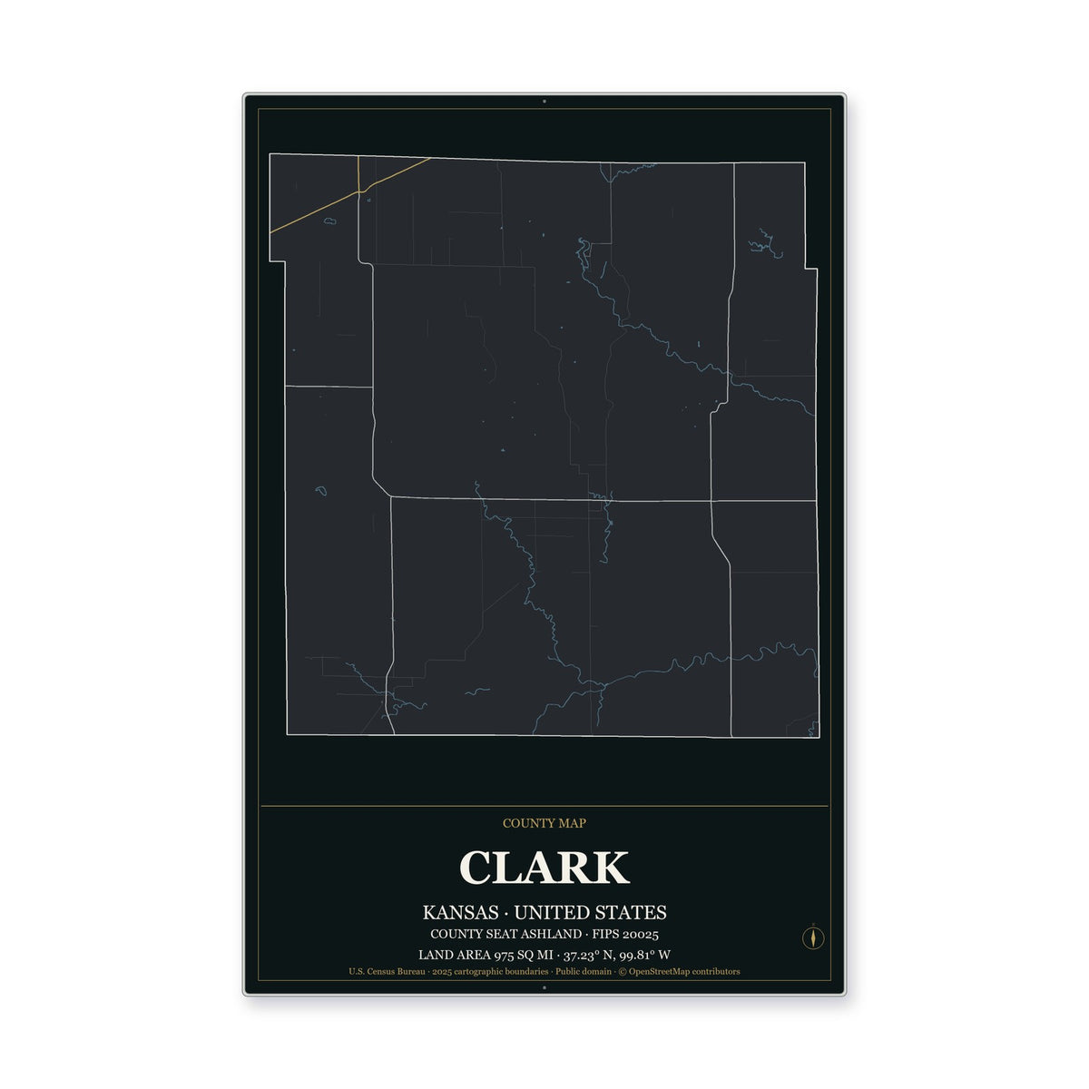 Clark County, Kansas Map Aluminum Sign in Metropolitan Noir style