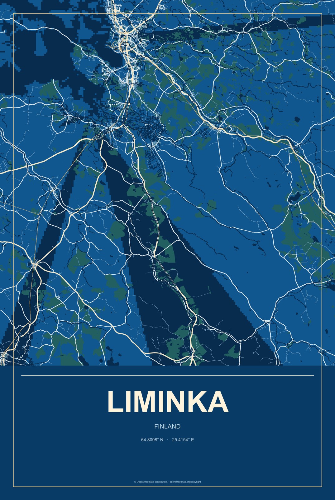Liminka, Finland City Map Aluminum Sign in Harbor Cobalt style