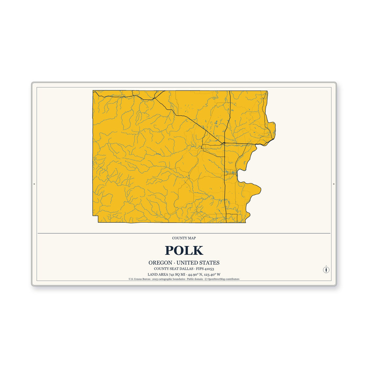Polk County, Oregon Map Aluminum Sign in Citrine Modern style
