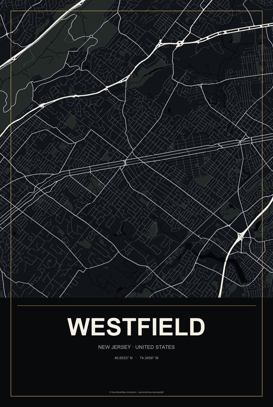 Westfield, New Jersey City Map Aluminum Sign in Metropolitan Noir style
