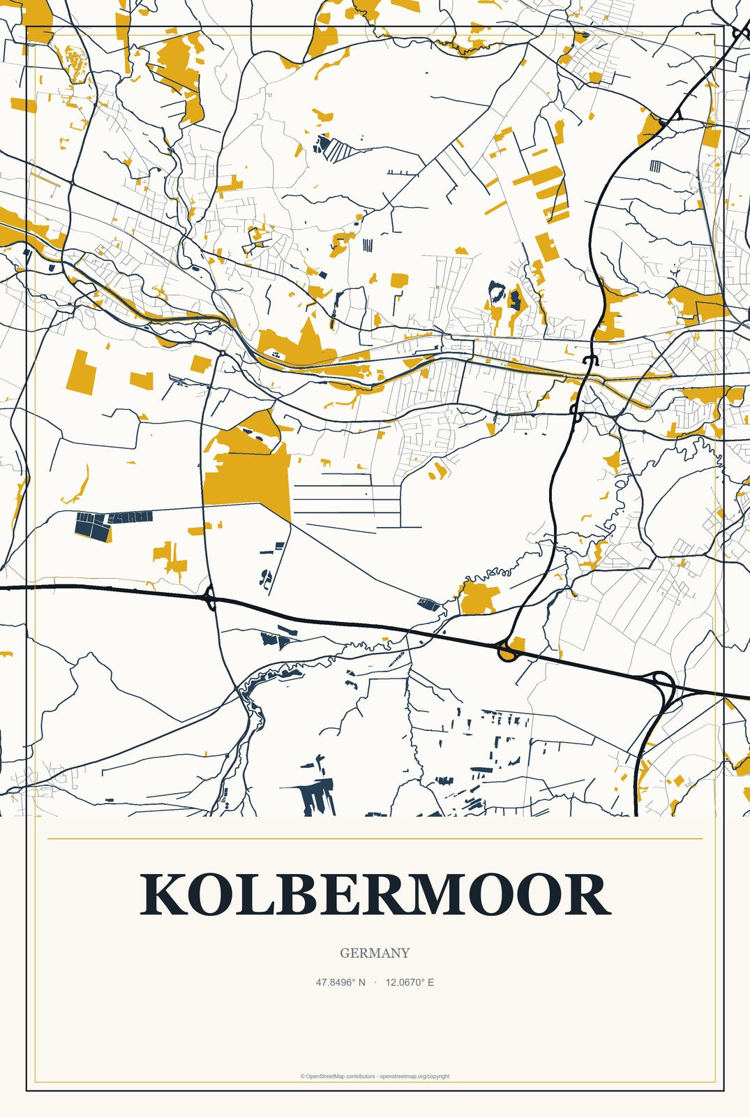 Kolbermoor, Germany City Map Aluminum Sign in Citrine Modern style