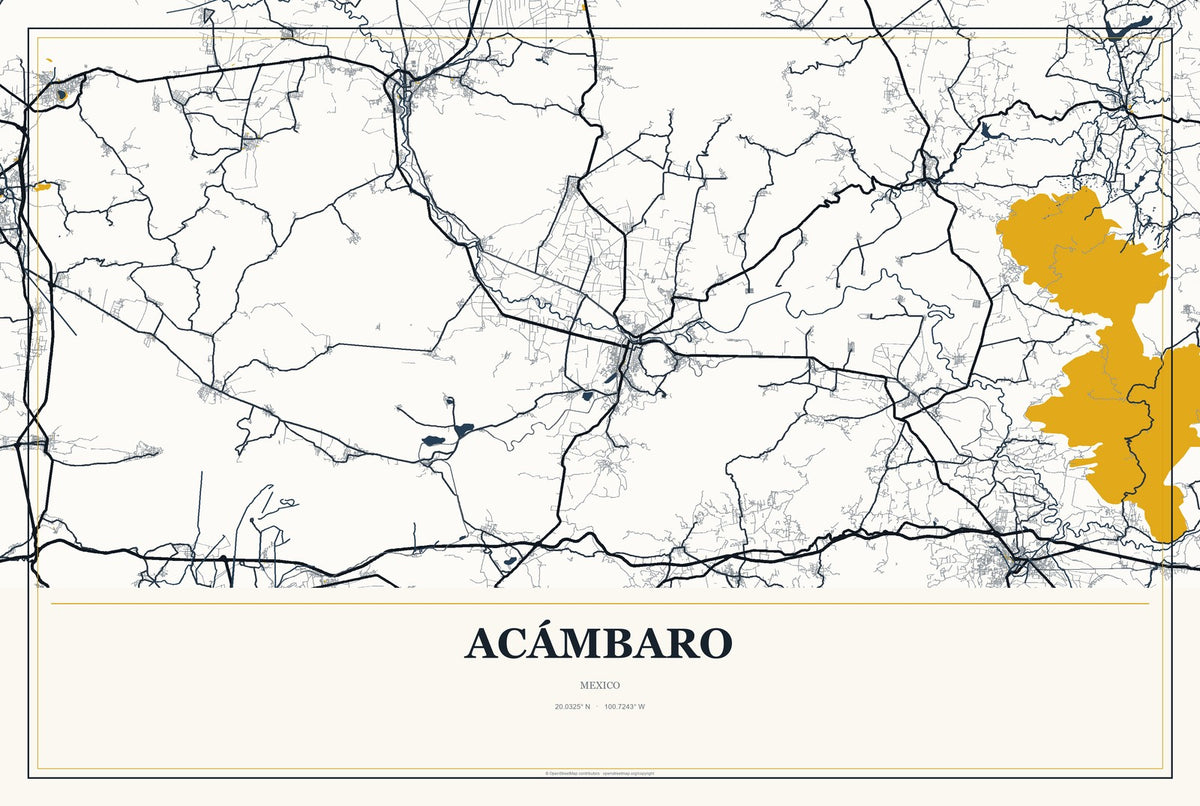 Acámbaro, Mexico City Map Aluminum Sign in Citrine Modern style