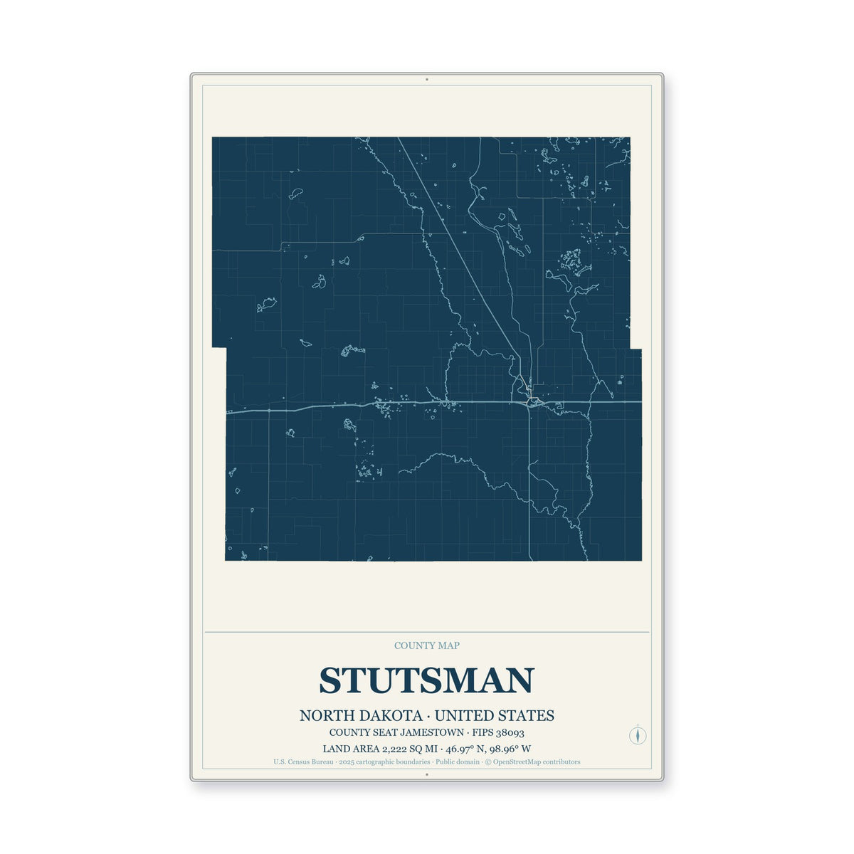 Stutsman County, North Dakota Map Aluminum Sign in Coastal Cutout style