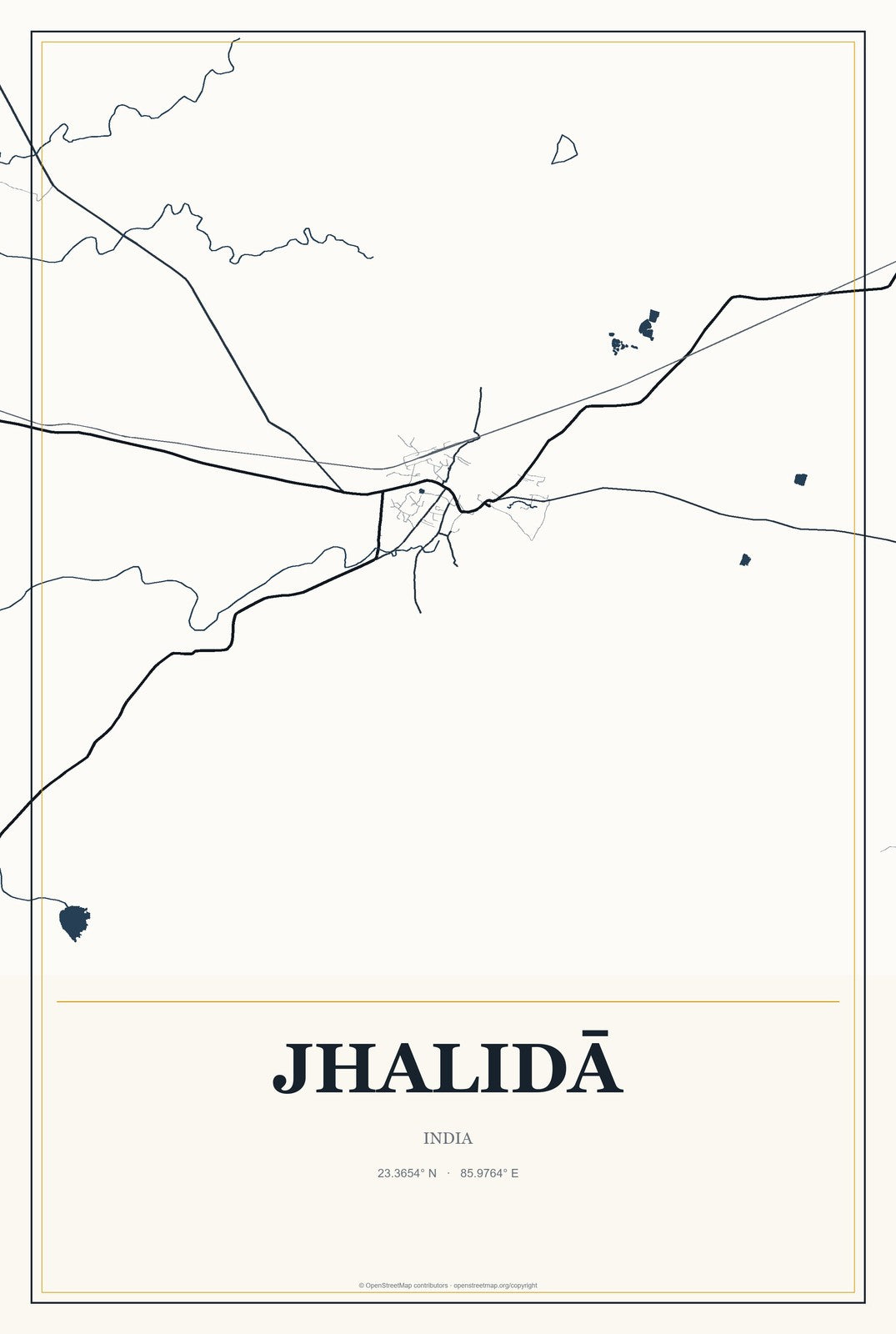 Jhalidā, India City Map Aluminum Sign in Citrine Modern style