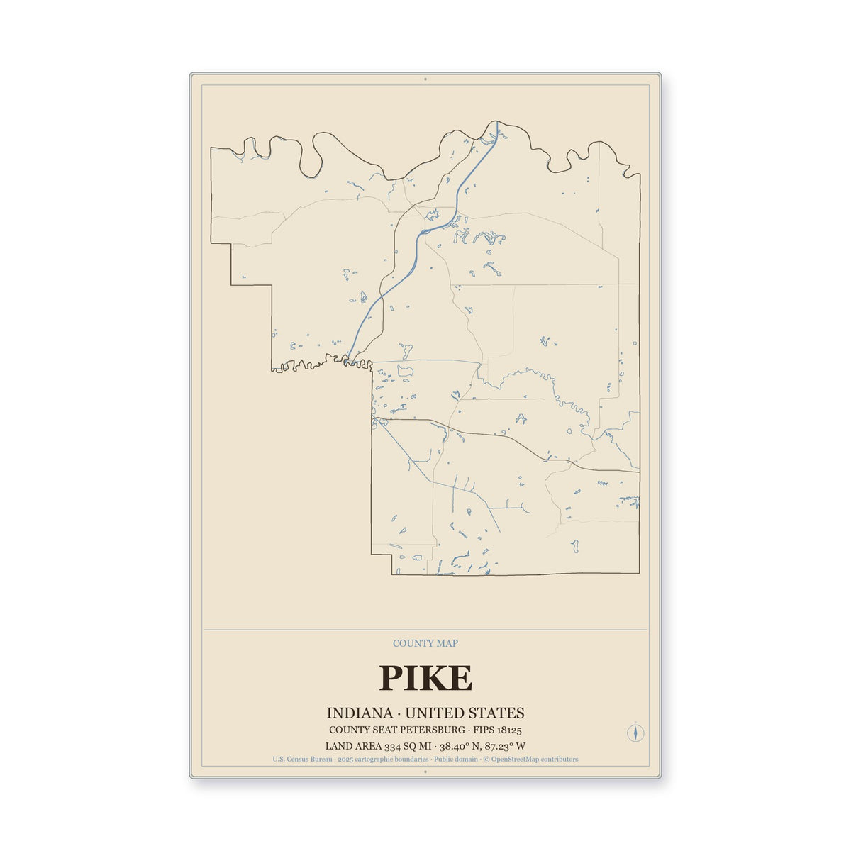 Pike County, Indiana Map Aluminum Sign in Heritage Nautical style