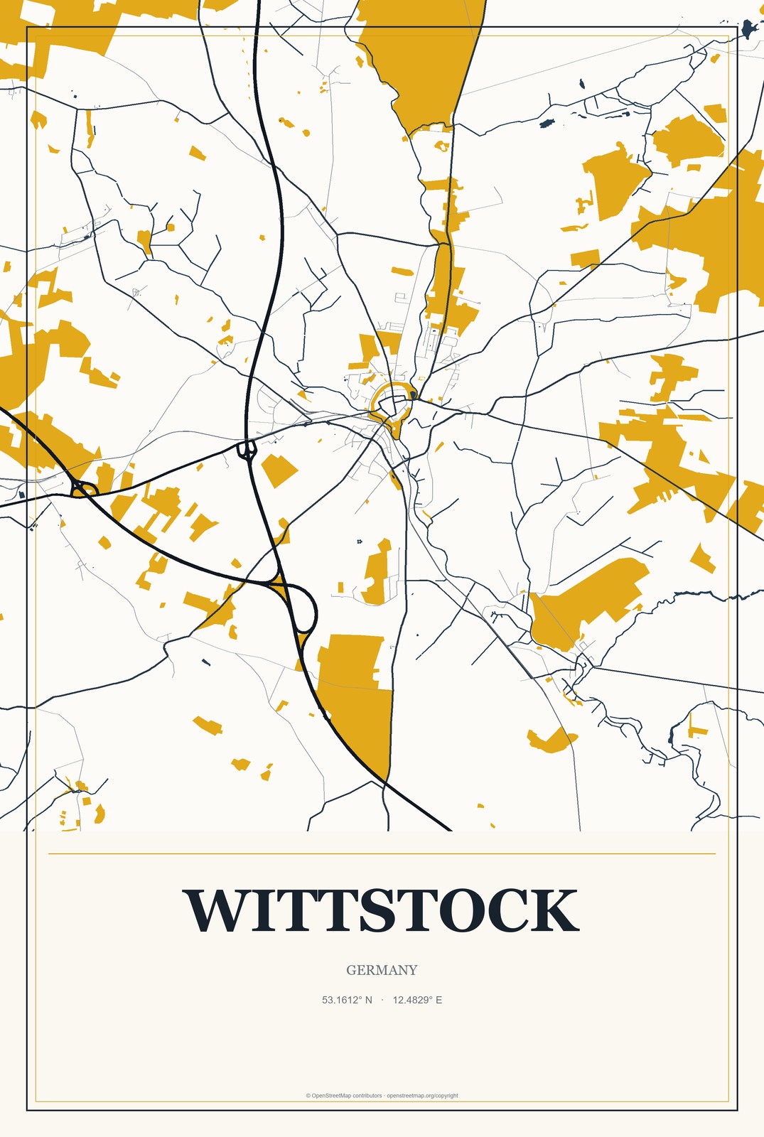 Wittstock, Germany City Map Aluminum Sign in Citrine Modern style