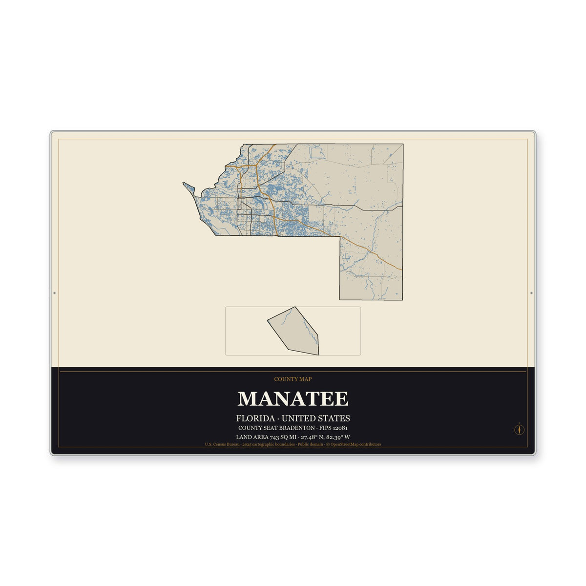Manatee County, Florida Map Aluminum Sign in Museum Plaque style